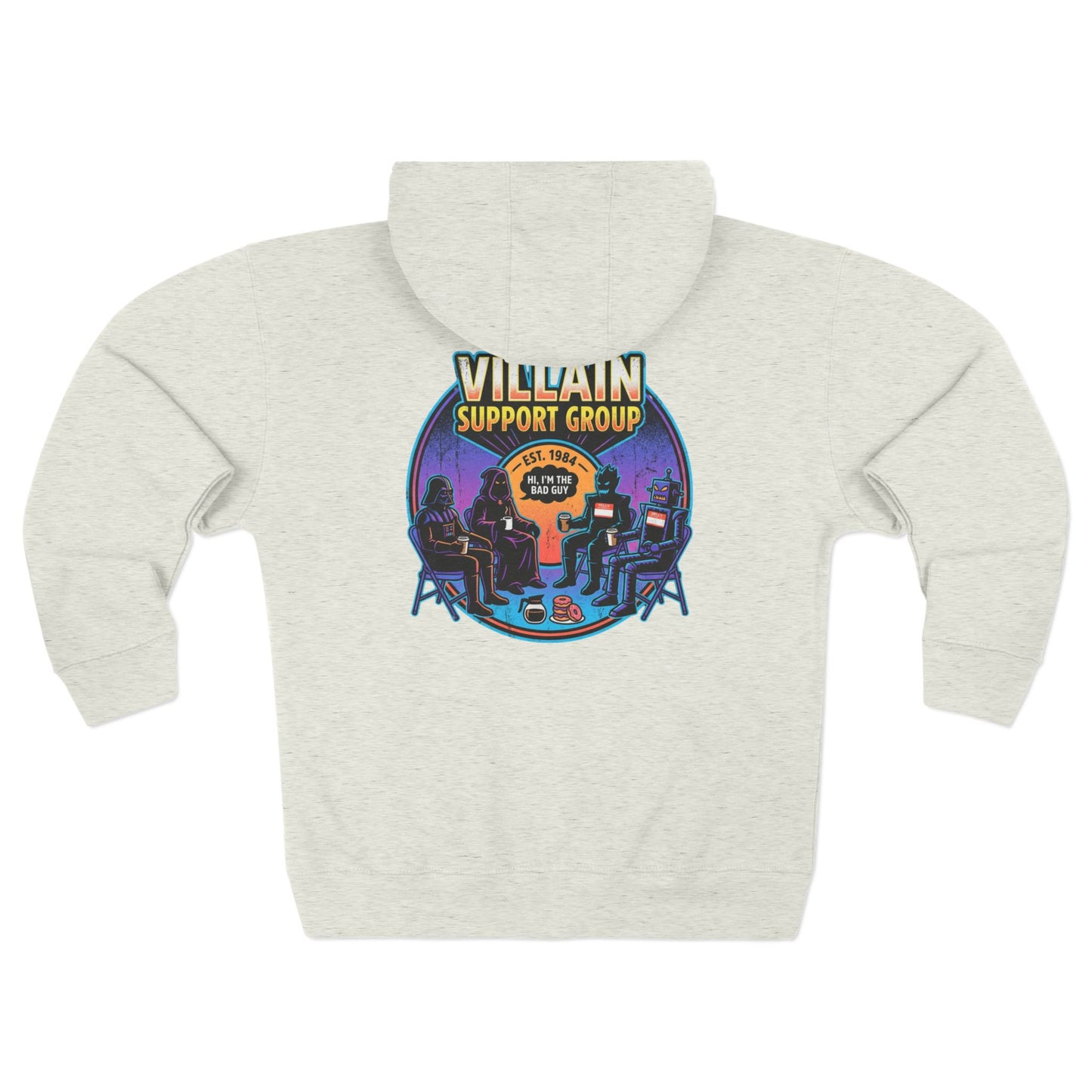 Villain Support Group Zip Hoodie — Retro Comic Supervillain Graphic