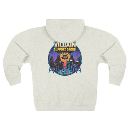 Villain Support Group Zip Hoodie — Retro Comic Supervillain Graphic