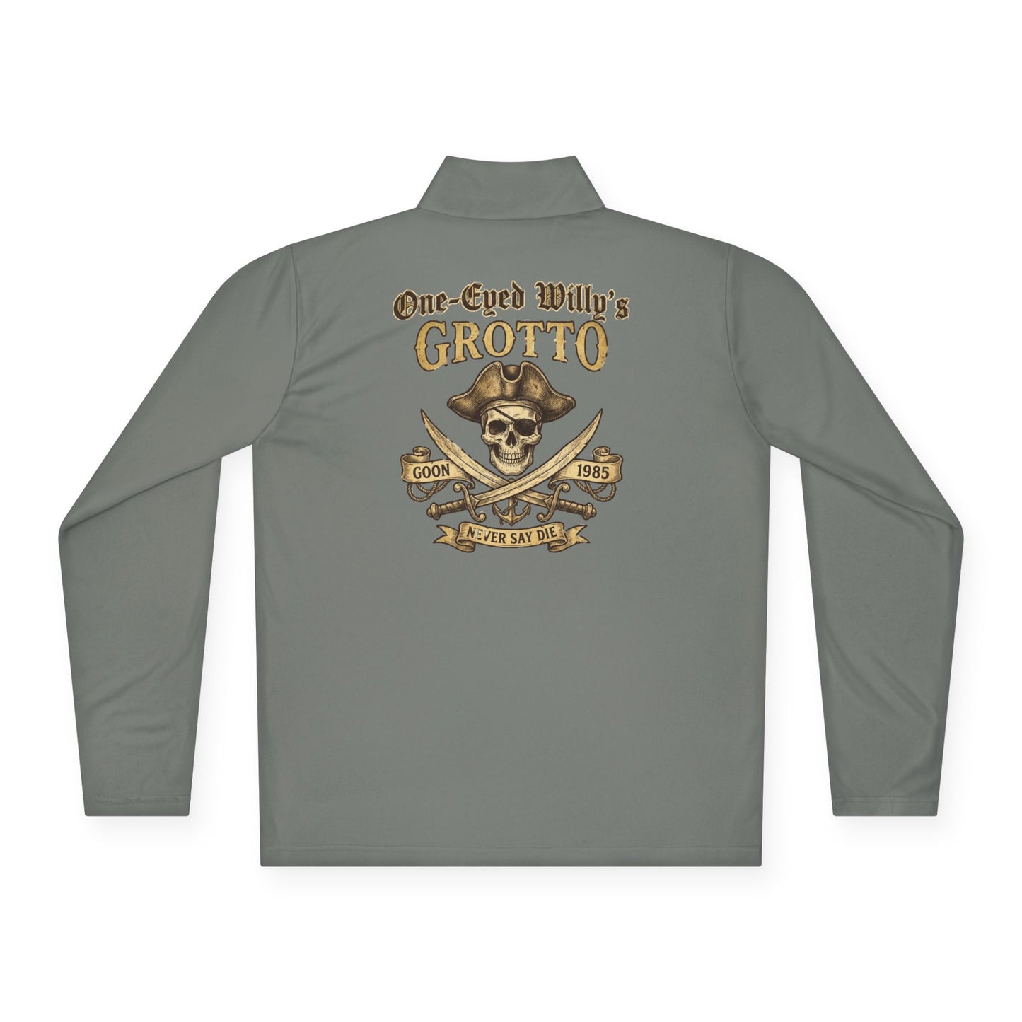 Quarter-Zip Pullover — "One-Eyed Willy's Grotto" Pirate Skull Fishing Pullover