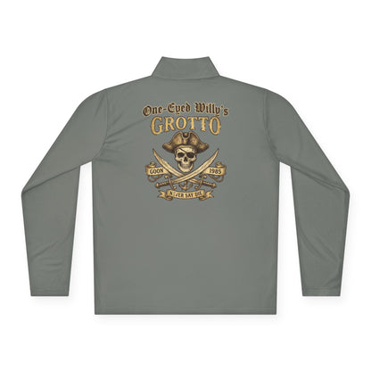 Quarter-Zip Pullover — "One-Eyed Willy's Grotto" Pirate Skull Fishing Pullover