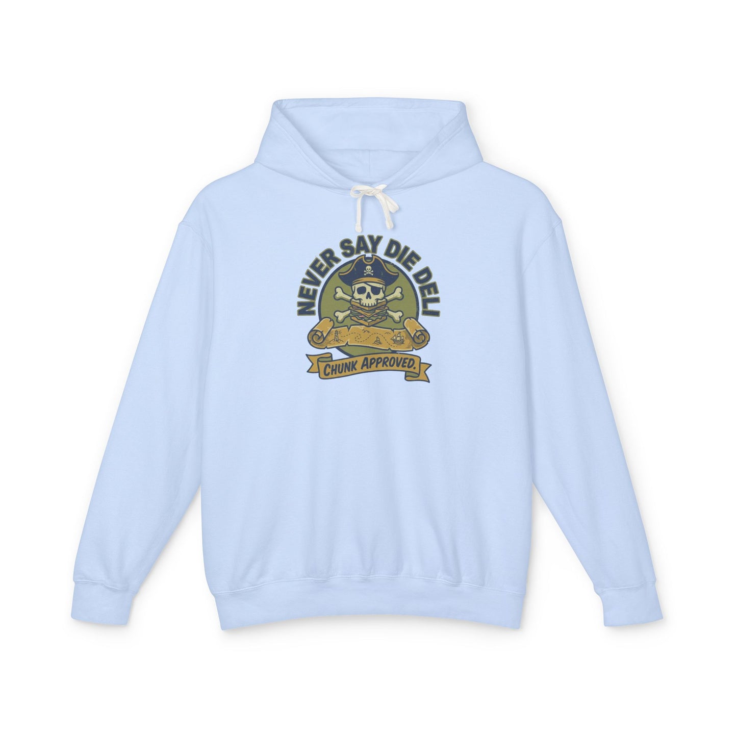 Never Say Die Deli Pullover Hoodie — Vintage Goonies-Inspired Hooded Sweatshirt