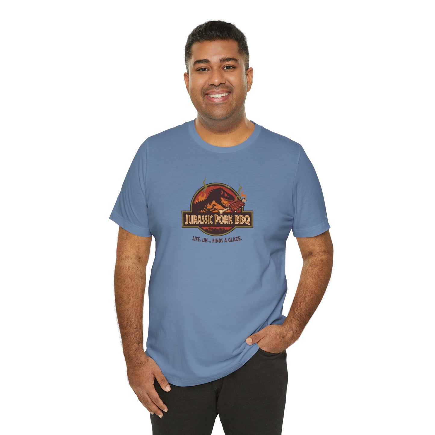 Jurassic Pork BBQ T-Shirt — Funny Dino Grilling Tee ("Jurassic Pork BBQ")