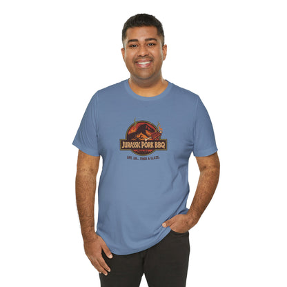 Jurassic Pork BBQ T-Shirt — Funny Dino Grilling Tee ("Jurassic Pork BBQ")