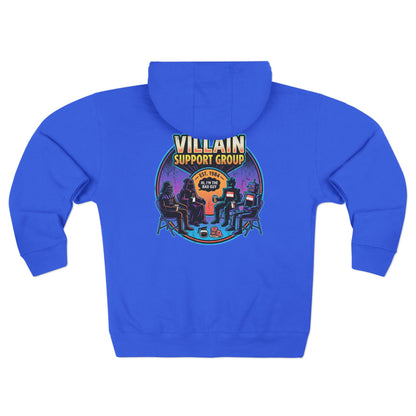Villain Support Group Zip Hoodie — Retro Comic Supervillain Graphic