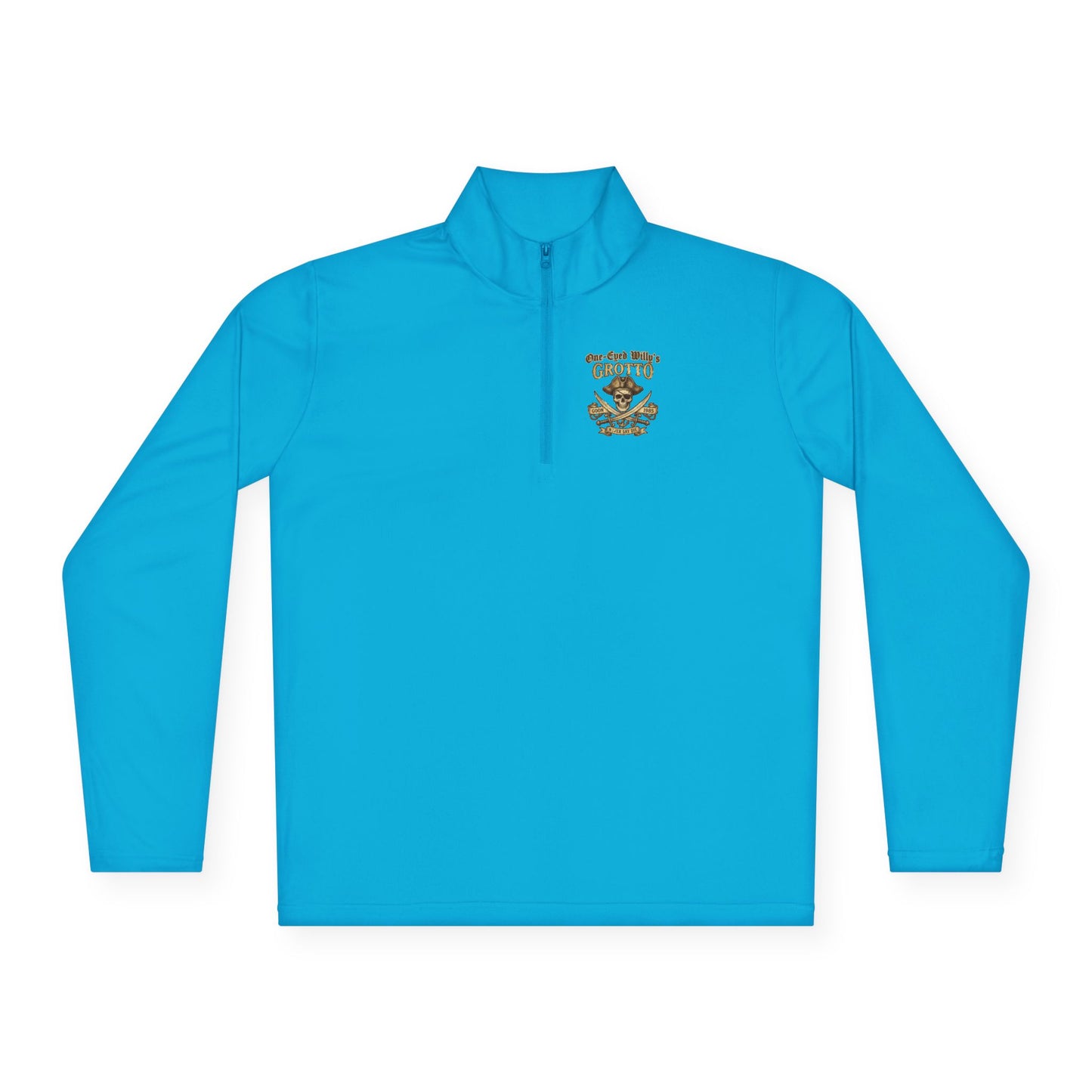Quarter-Zip Pullover — "One-Eyed Willy's Grotto" Pirate Skull Fishing Pullover