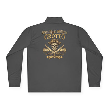 Quarter-Zip Pullover — "One-Eyed Willy's Grotto" Pirate Skull Fishing Pullover