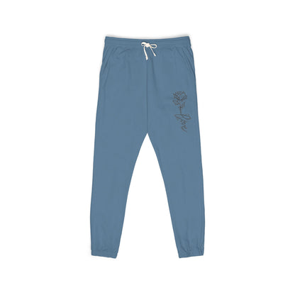 Rose Script Sweatpants — Garment-Dyed Fleece Joggers with Rose & "Love" Script