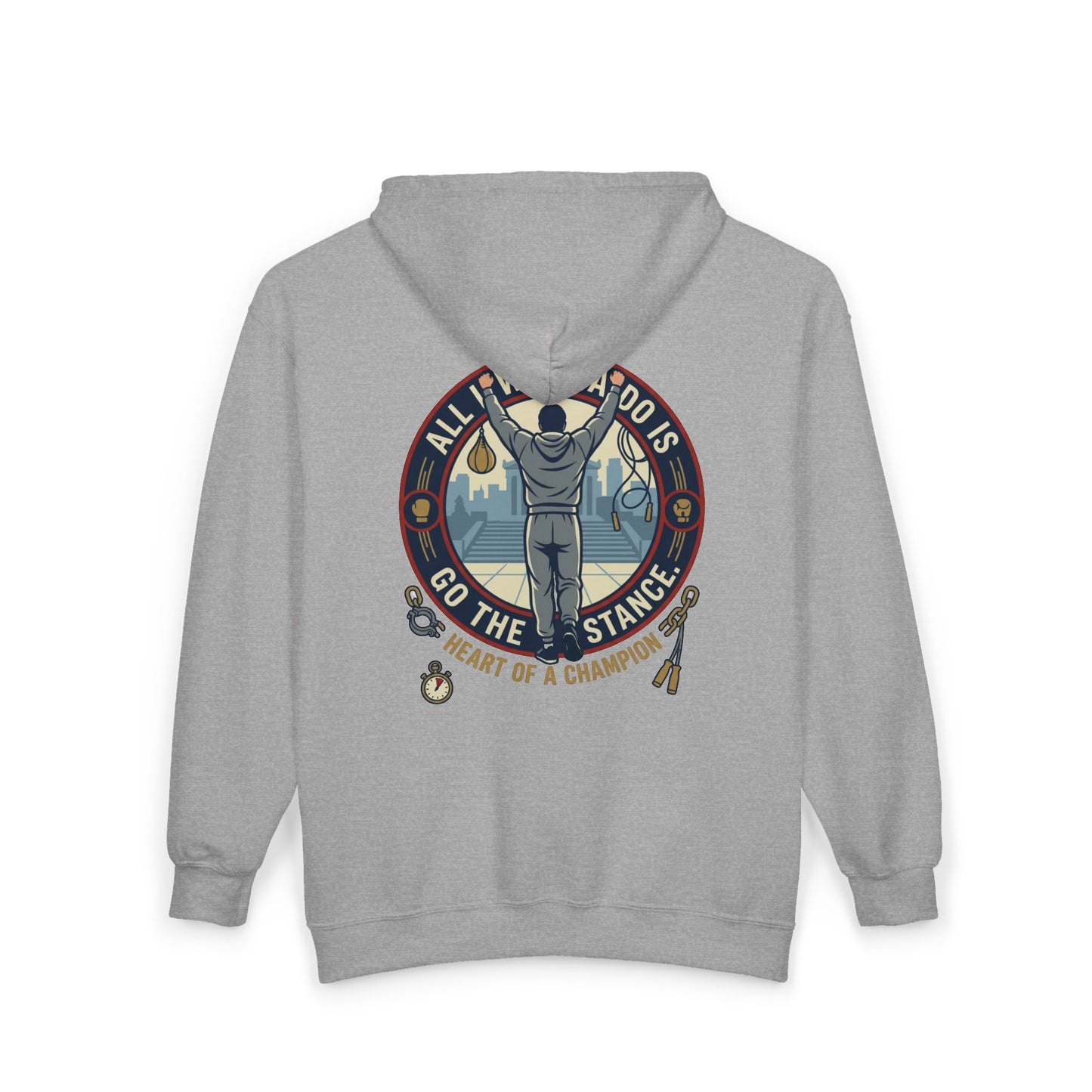 "Go The Distance" Underdog Montage Full-Zip Hoodie — Retro 90's Rocky-Inspired Fitness Hoodie