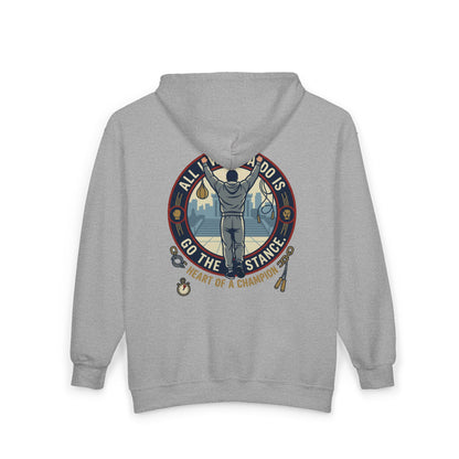 "Go The Distance" Underdog Montage Full-Zip Hoodie — Retro 90's Rocky-Inspired Fitness Hoodie