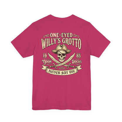 One-Eyed Willy's Grotto Pirate Skull Tee — Never Say Die Graphic T-Shirt