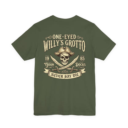 One-Eyed Willy's Grotto Pirate Skull Tee — Never Say Die Graphic T-Shirt