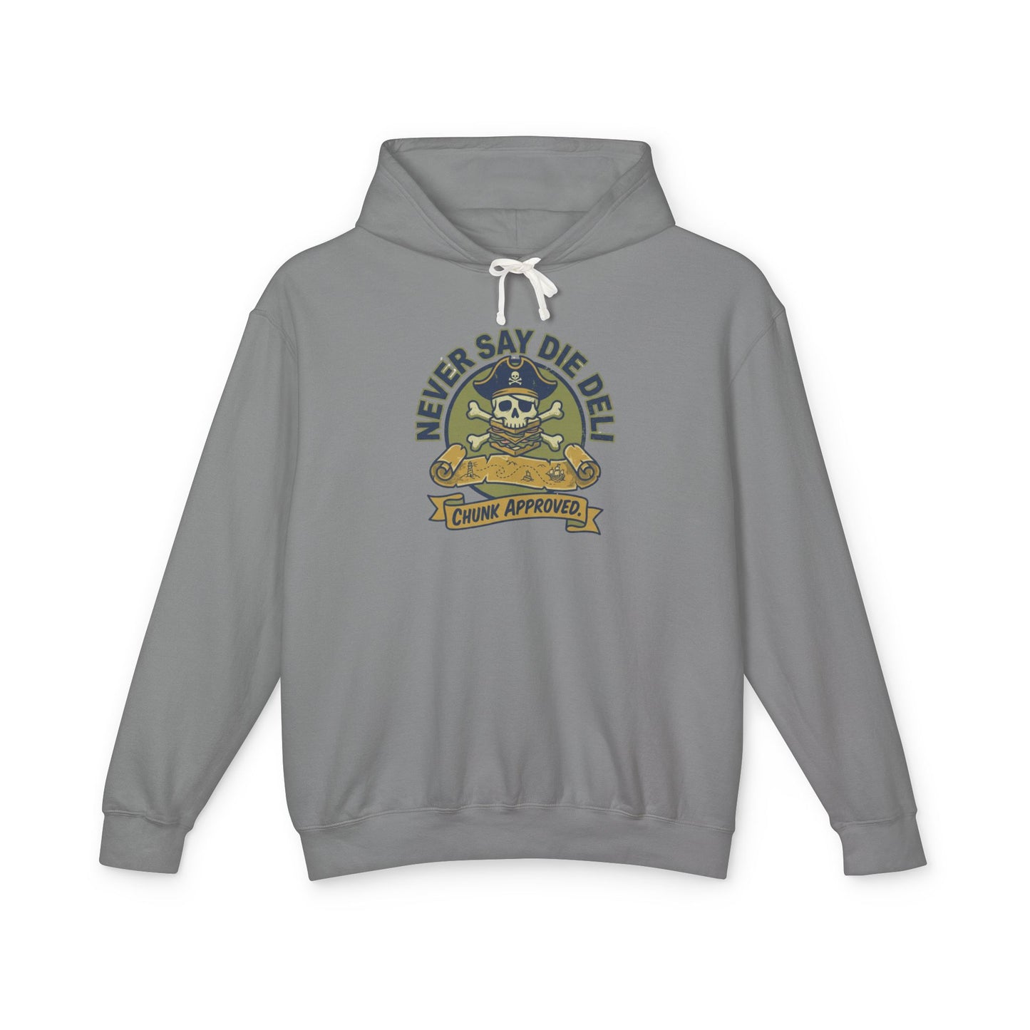 Never Say Die Deli Pullover Hoodie — Vintage Goonies-Inspired Hooded Sweatshirt