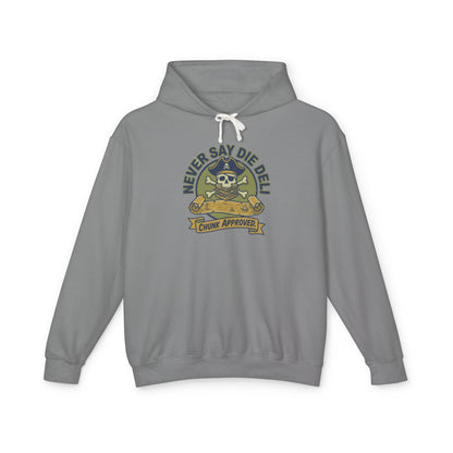 Never Say Die Deli Pullover Hoodie — Vintage Goonies-Inspired Hooded Sweatshirt