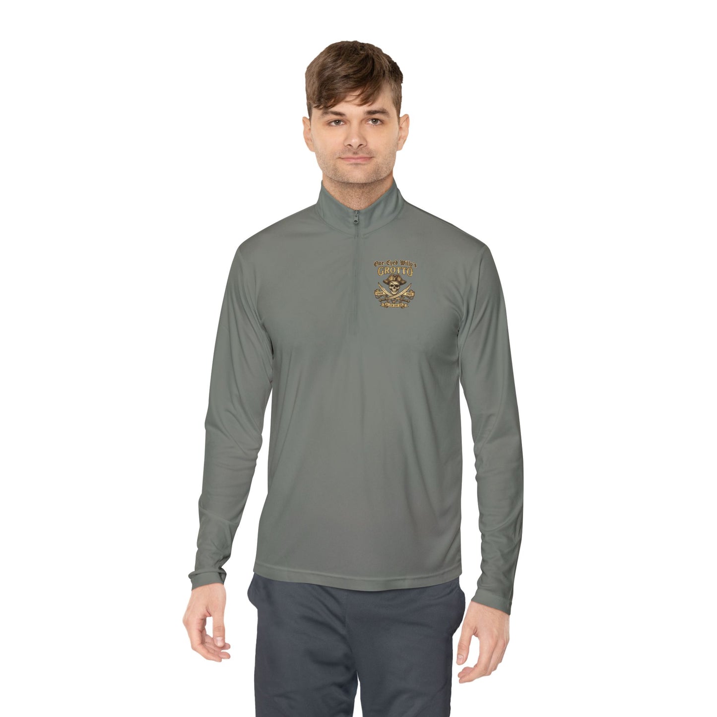 Quarter-Zip Pullover — "One-Eyed Willy's Grotto" Pirate Skull Fishing Pullover
