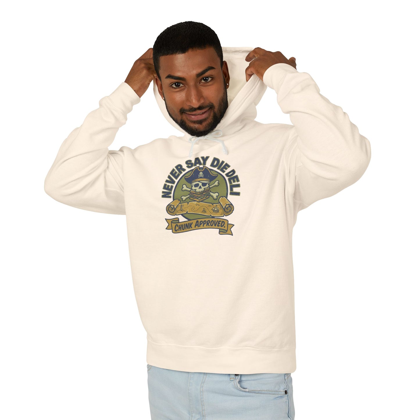 Never Say Die Deli Pullover Hoodie — Vintage Goonies-Inspired Hooded Sweatshirt