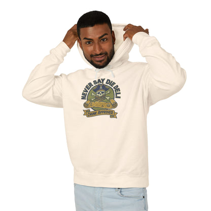 Never Say Die Deli Pullover Hoodie — Vintage Goonies-Inspired Hooded Sweatshirt