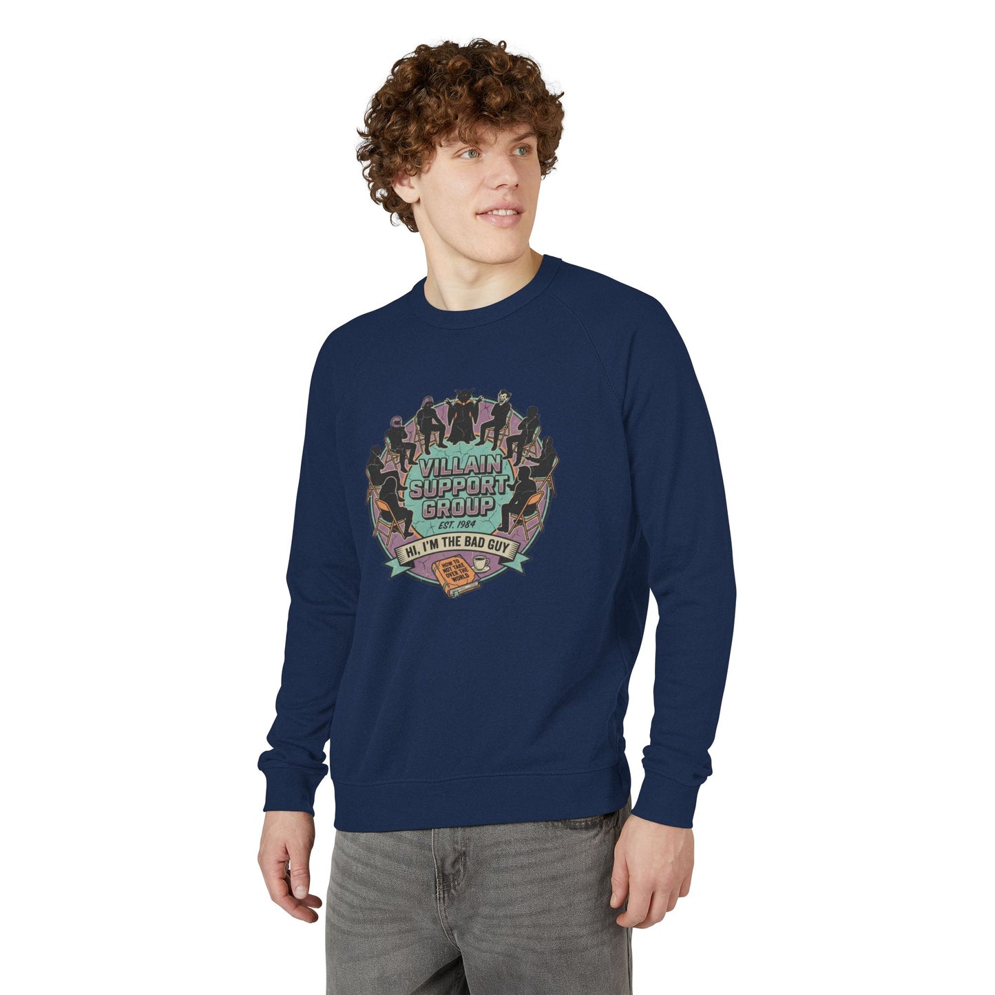 Villain Support Group Crewneck Sweatshirt — Fun Retro Graphic Pullover (We’re the Bad Guys)