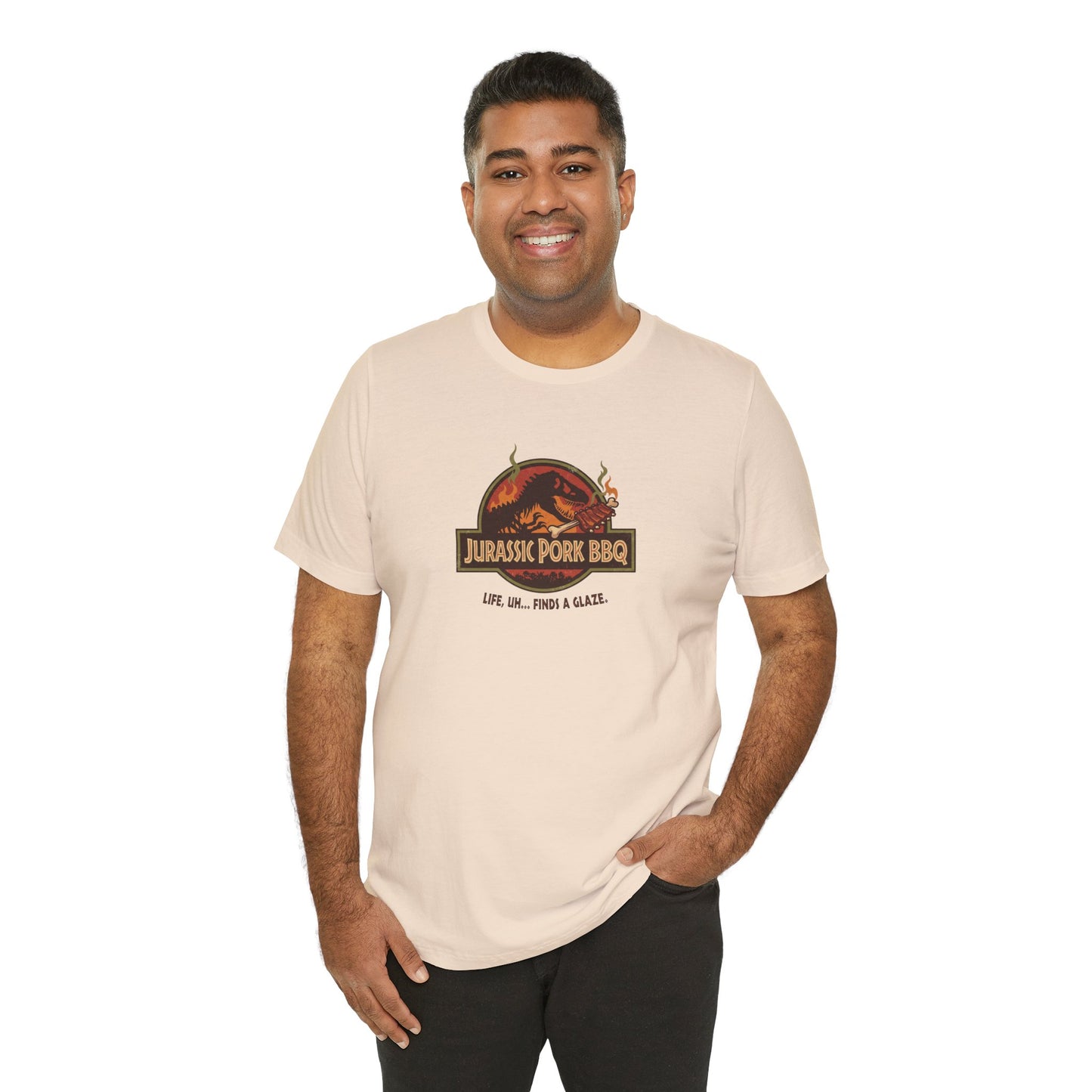 Jurassic Pork BBQ T-Shirt — Funny Dino Grilling Tee ("Jurassic Pork BBQ")