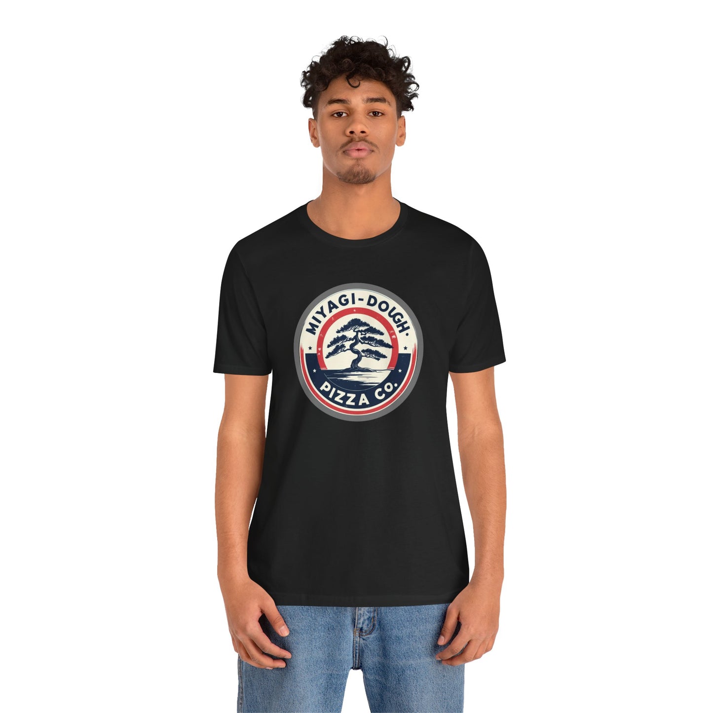 Person wearing a black t-shirt with a logo on a white background