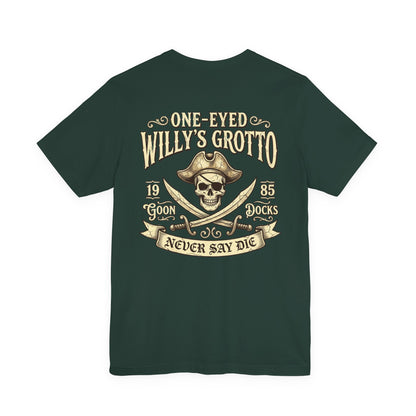 One-Eyed Willy's Grotto Pirate Skull Tee — Never Say Die Graphic T-Shirt